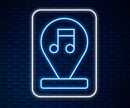 Glowing neon line Music note, tone icon isolated on brick wall background. Vector.のイラスト素材