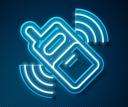 Glowing neon line Smartphone, mobile phone icon isolated on blue background. Vector.のイラスト素材