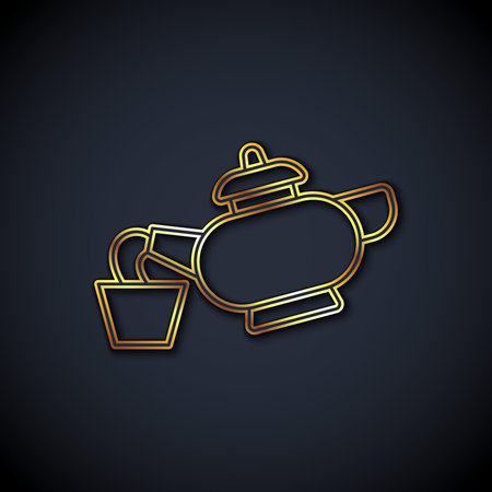 Gold line Traditional Chinese tea ceremony icon isolated on black background. Teapot with cup. Vector.のイラスト素材