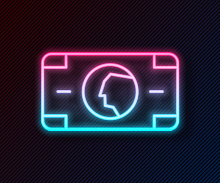 Glowing neon line Stacks paper money cash icon isolated on black background. Money banknotes stacks. Bill currency. Vector.のイラスト素材