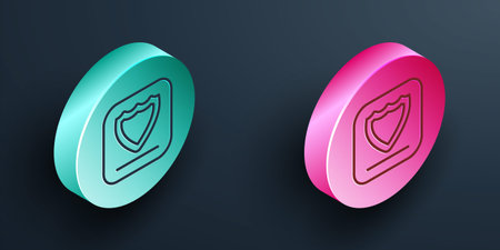 Isometric line Shield icon isolated on black background. Guard sign. Security, safety, protection, privacy concept. Turquoise and pink circle button. Vector.のイラスト素材