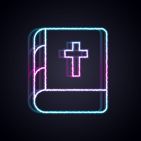 Glowing neon line Holy bible book icon isolated on black background. Vector.のイラスト素材