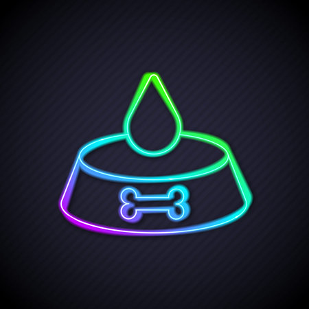 Glowing neon line Pet food bowl for cat or dog icon isolated on black background. Dog or cat paw print. Vector.のイラスト素材