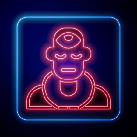 Glowing neon Wizard warlock icon isolated on black background. Vector.のイラスト素材