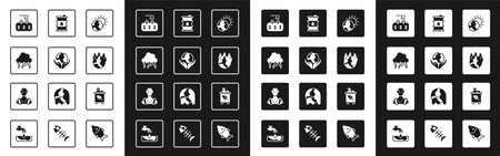 Set Global warming Hand holding Earth globe Storm Deforestation fire Barrel oil Recycle bin with recycle and High human body temperature icon. Vector.のイラスト素材