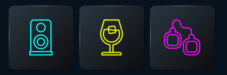 Set line Stereo speaker Handcuffs and Wine glass. Black square button. Vector.