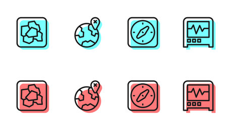 Set line Compass Gold nugget Location on the globe and Seismograph icon. Vector.のイラスト素材