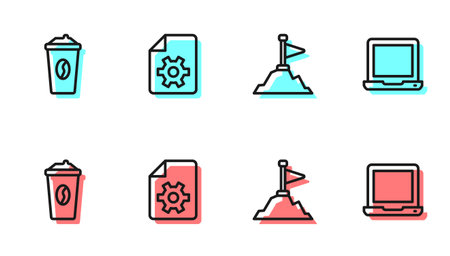 Set line Mountains with flag on top Coffee cup go Document settings and Laptop icon. Vector.のイラスト素材