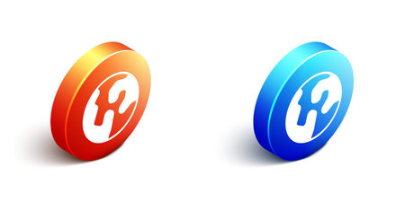 Isometric Earth globe icon isolated on white background. World or Earth sign. Global internet symbol. Geometric shapes. Orange and blue circle button. Vector.のイラスト素材