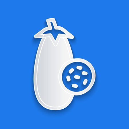 Paper cut Eggplant icon isolated on blue background. Paper art style. Vector.のイラスト素材
