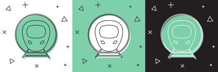 Set Train and railway icon isolated on white and green, black background. Public transportation symbol. Subway train transport. Metro underground. Vector.のイラスト素材