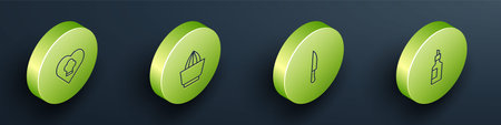 Set Isometric line Chef hat, Citrus fruit juicer, Knife and Bottle of olive oil icon. Vector.のイラスト素材