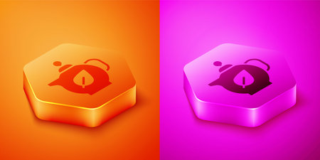 Isometric Teapot with leaf icon isolated on orange and pink background. Hexagon button. Vector.のイラスト素材