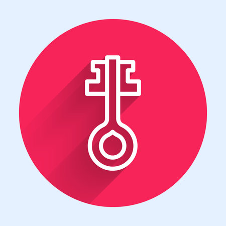 White line Old magic key icon isolated with long shadow background. Red circle button. Vector.のイラスト素材
