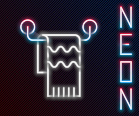 Glowing neon line Towel on hanger icon isolated on black background. Bathroom towel icon. Colorful outline concept. Vector.のイラスト素材