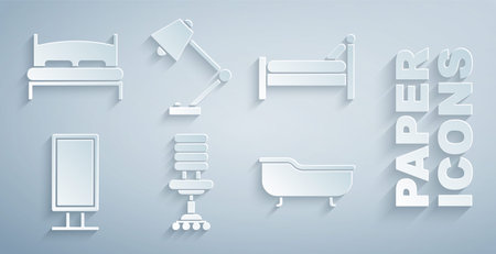 Set Office chair Bed Big full length mirror Bathtub Table lamp and bed icon. Vector.のイラスト素材