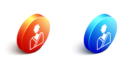 Isometric Man in the sauna icon isolated on white background. Orange and blue circle button. Vector.のイラスト素材