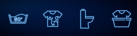 Set line Toilet bowl, Temperature wash, Dirty t-shirt and Basin with. Glowing neon icon on brick wall. Vector.のイラスト素材