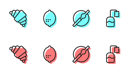 Set line Cigarette Croissant Lemon and Tea bag icon. Vector.のイラスト素材