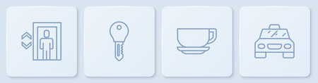 Set line Lift Coffee cup Hotel door lock key and Taxi car. White square button. Vector.のイラスト素材
