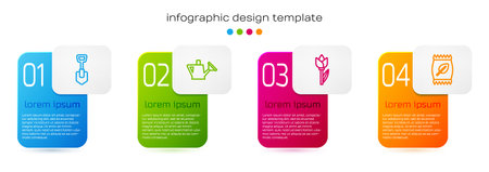 Set line Shovel, Watering can, Flower tulip and Fertilizer bag. Business infographic template. Vector.のイラスト素材