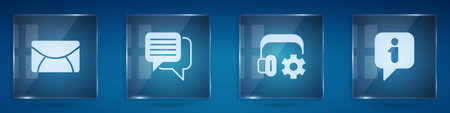 Set Mail and e-mail Speech bubble chat Headphoneswith settings and Information. Square glass panels. Vector.のイラスト素材