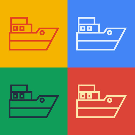 Pop art line Ship line path of ship sea route with start point GPS and black line icon isolated on color background. Vector.のイラスト素材