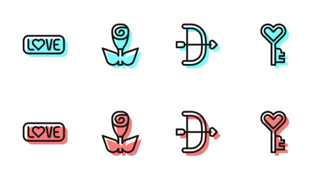 Set line Bow and arrow Love text Flower rose and Key in heart shape icon. Vector.のイラスト素材