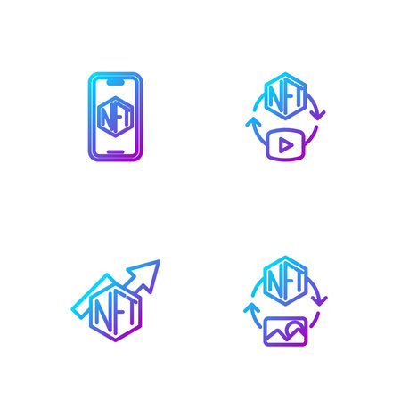 Set line NFT Digital crypto art growth bar chart Mobile with store app and . Gradient color icons. Vector.のイラスト素材