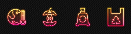 Set line Garbage bag with recycle Earth melting to global warming Apple core and Shopping. Glowing neon icon. Vector.のイラスト素材