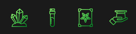 Set line Ancient magic book, Magic stone, Bottle with potion and Magician hat in hand. Gradient color icons. Vector.のイラスト素材
