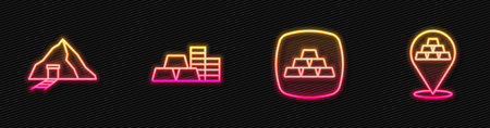 Set line Gold bars mine coin with gold and . Glowing neon icon. Vector.のイラスト素材
