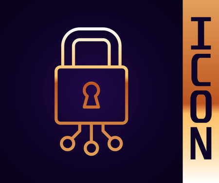 Gold line Cyber security icon isolated on black background. Closed padlock on digital circuit board. Safety concept. Digital data protection. Vector.のイラスト素材
