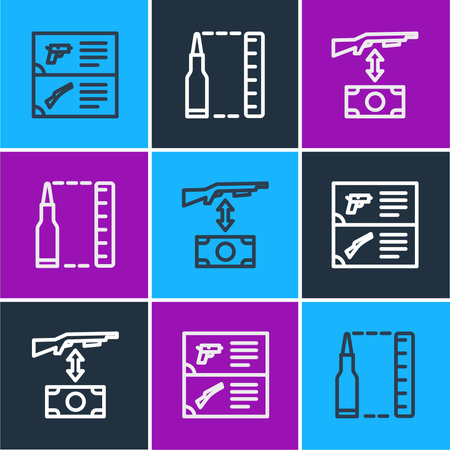 Set line Weapon catalog, Buying assault rifle and Bullet icon. Vector.のイラスト素材