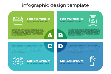 Set line Sponge, Basin with soap suds, Rubber gloves and Wet floor. Business infographic template. Vector.のイラスト素材