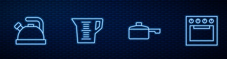 Set line Frying pan, Kettle with handle, Measuring cup and Oven. Glowing neon icon on brick wall. Vector.のイラスト素材