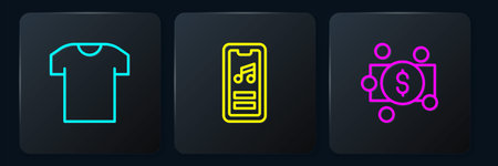Set line T-shirt Stacks paper money cash and Music player. Black square button. Vector.のイラスト素材