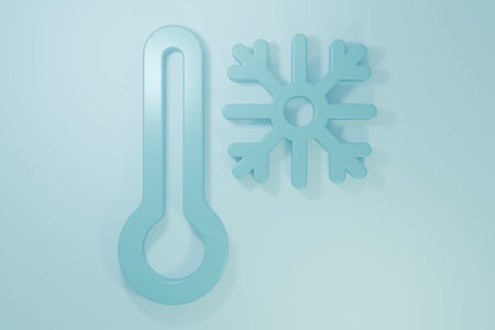 Blue Thermometer with snowflake icon isolated on blue background. Minimalism concept. 3D render...