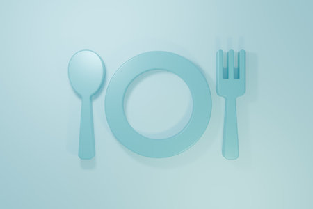 Blue Plate, fork and knife icon isolated on blue background. Cutlery symbol. Restaurant sign. Minimalism concept. 3D render illustration.の写真素材