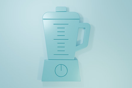 Blue Blender icon isolated on blue background. Kitchen electric stationary blender with bowl. Cooking smoothies, cocktail or juice. Minimalism concept. 3D render illustration.の写真素材