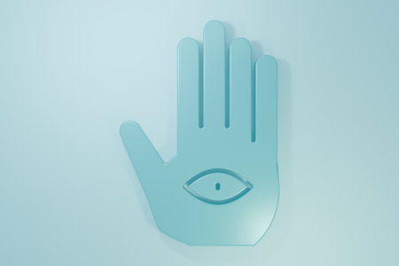 Blue Hamsa hand icon isolated on blue background. Hand of Fatima - amulet, symbol of protection from devil eye. Minimalism concept. 3D render illustration.の写真素材