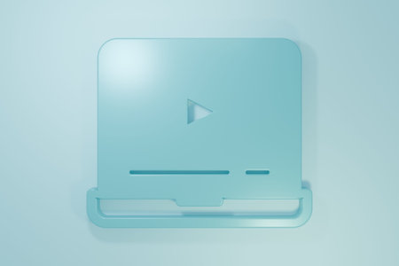 Blue Online play video icon isolated on blue background. Laptop and film strip with play sign....