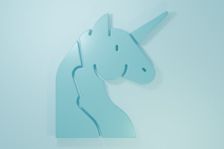 Blue Unicorn icon isolated on blue background. Minimalism concept. 3D render illustration.の写真素材