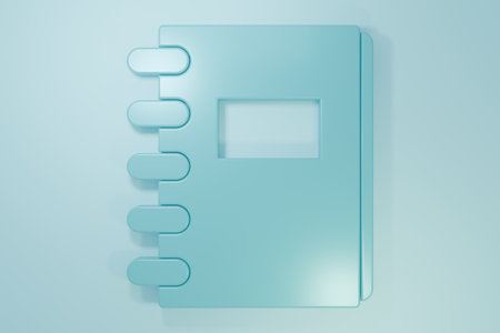 Blue Notebook icon isolated on blue background. Spiral notepad icon. School notebook. Writing pad. Diary for school. Minimalism concept. 3D render illustration.の写真素材