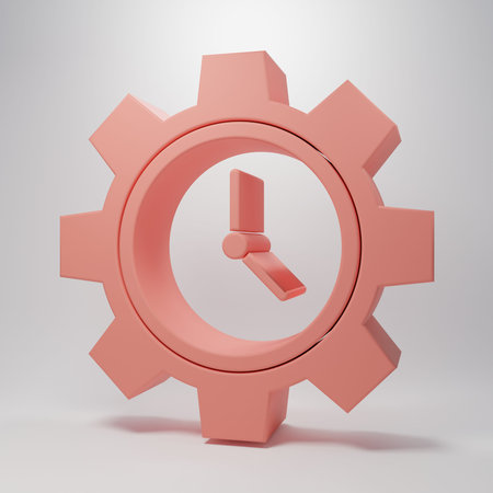 Pink Time Management icon isolated on pink background. Clock and gear sign. Productivity symbol....