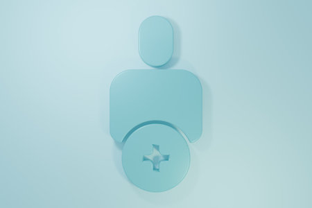 Blue Add to friend icon isolated on blue background. Minimalism concept. 3D render illustration.の写真素材