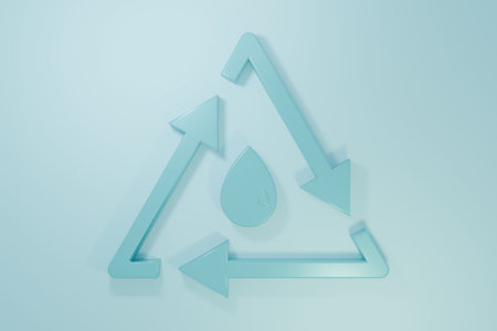 Blue Oil drop with recycle icon isolated on blue background. Minimalism concept. 3D render...