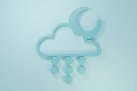 Blue Cloud with rain and moon icon isolated on blue background. Rain cloud precipitation with rain drops. Minimalism concept. 3D render illustration.の写真素材