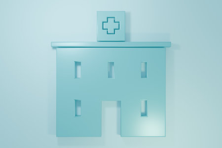 Blue Medical hospital building with cross icon isolated on blue background. Medical center. Health care. Minimalism concept. 3D render illustration.の写真素材