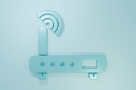 Blue Router and wi-fi signal icon isolated on blue background. Wireless ethernet modem router. Computer technology internet. Minimalism concept. 3D render illustration.の写真素材